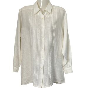 Vintage Classic Ivory 100% Linen Button-Down Blouse with Pintuck Pleats Sz Small